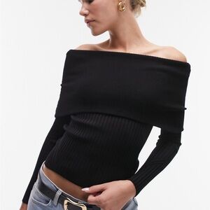 Topshop Off-Shoulder Black Ribbed Sweater - Size XS